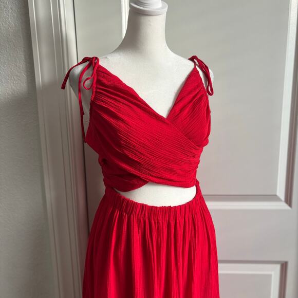 Lulus Seek Your Sunshine Red Tie-Strap Cutout Tiered Maxi Dress M Vacation - Picture 3 of 13